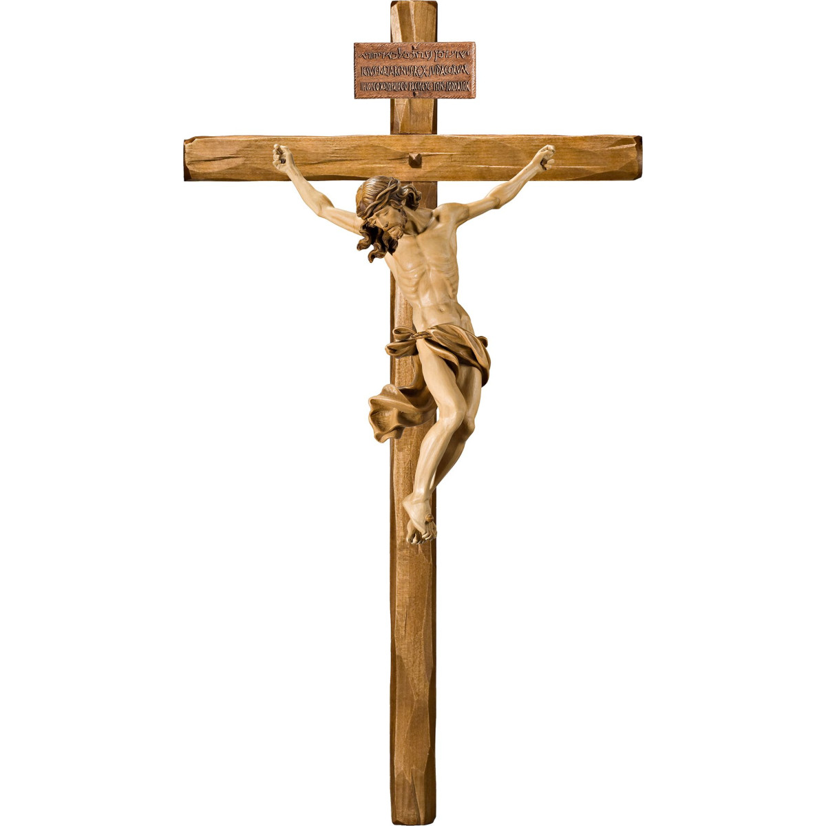 Cristo Barroco en cruz recta con Titulus Crucis en hebreo - latín - griego